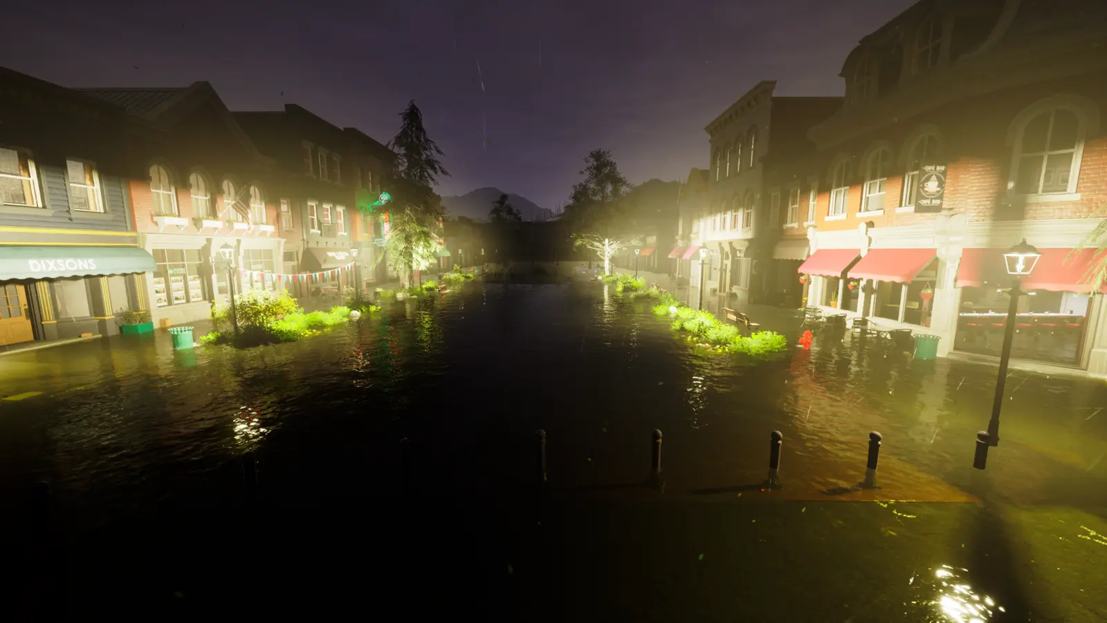 A flooded town centre at night in DrainSim