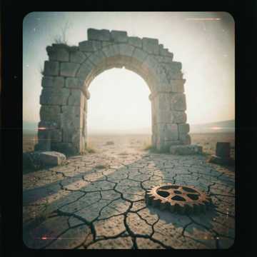The Wolf cover art: a stone arch, open landscape and film reel
